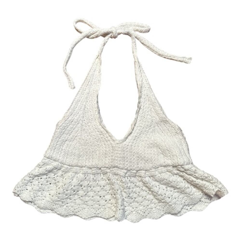 Hollister Co. White 100% Cotton Crochet Halter Crop Tank Top Size M - Picture 2 of 6